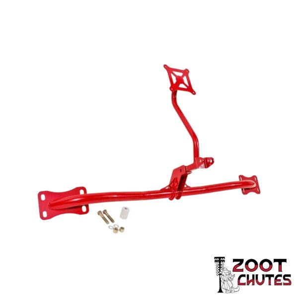 Red Parachute mount for a 2005-2014 ford mustang sports car. Picture of mount and hardware for installation.