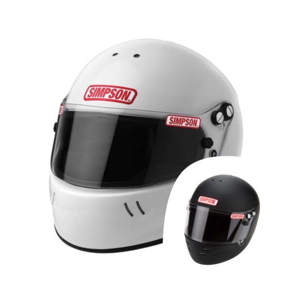 White Racing helmet with a black helmet in front of it. Simpson is the brand